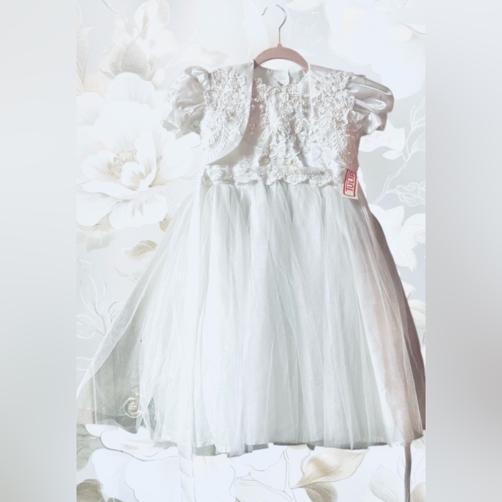 TULIP White Puff Sleeve tulle skirt flower girl/christening/baptism formal dress